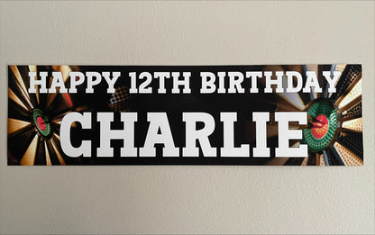 Darts Black birthday banner with dartboard and darts. Personalised with happy age birthday and name