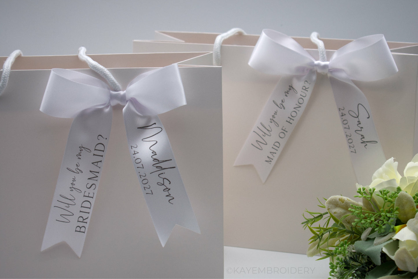 Will you be my Bridesmaid? Proposal Personalised Satin Bow Foil printed Maid of Honour Wedding Party