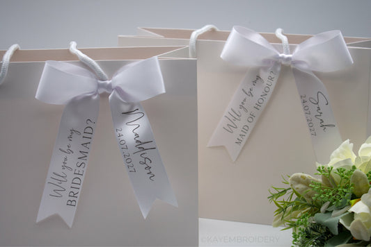 Will you be my Bridesmaid? Proposal Personalised Satin Bow Foil printed Maid of Honour Wedding Party