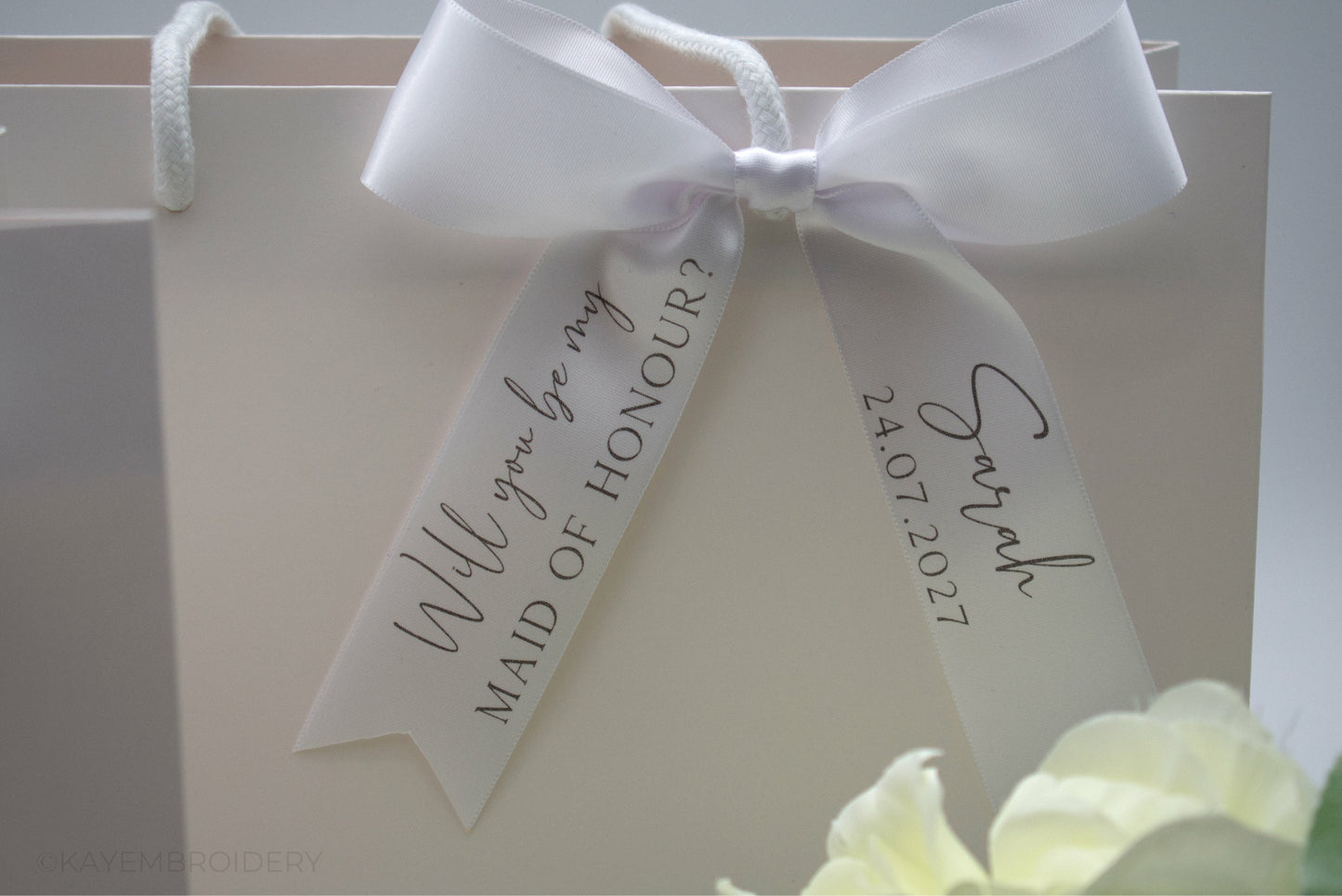 Will you be my Bridesmaid? Proposal Personalised Satin Bow Foil printed Maid of Honour Wedding Party