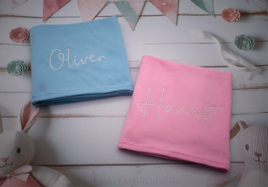 Blue and Pink Baby Cotton Blanket Personalised with Name with White Embroidery
