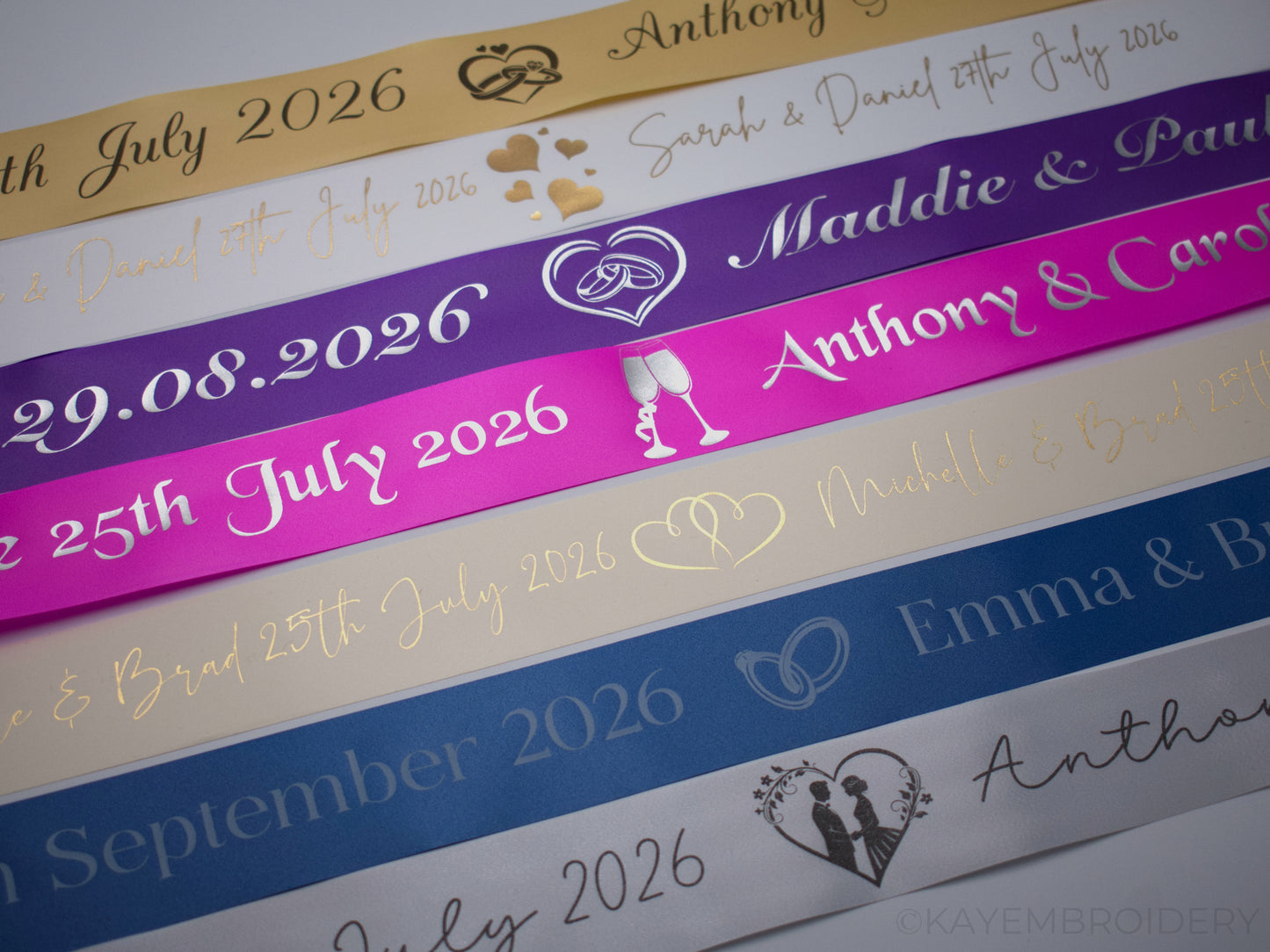 Personalised 6m Wedding or Prom Car Ribbon foil printed, choose your design, optional Pullbows