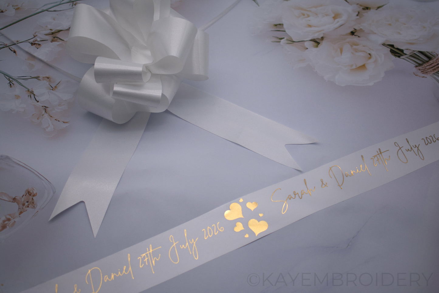 Personalised 6m Wedding or Prom Car Ribbon foil printed, choose your design, optional Pullbows