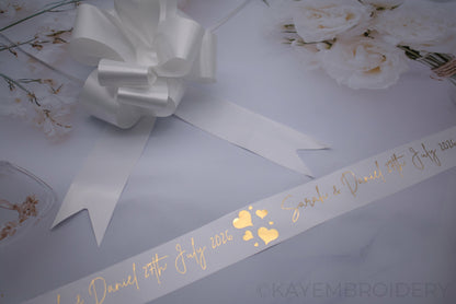 Personalised 6m Wedding or Prom Car Ribbon foil printed, choose your design, optional Pullbows
