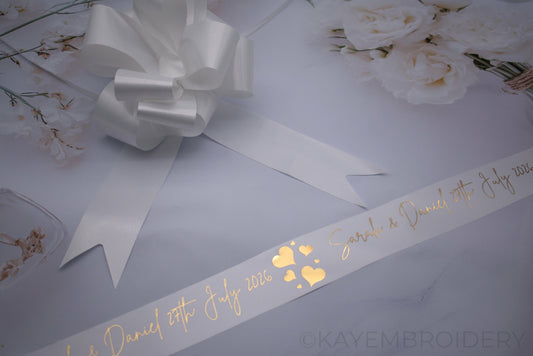 Personalised 6m Wedding or Prom Car Ribbon foil printed, choose your design, optional Pullbows
