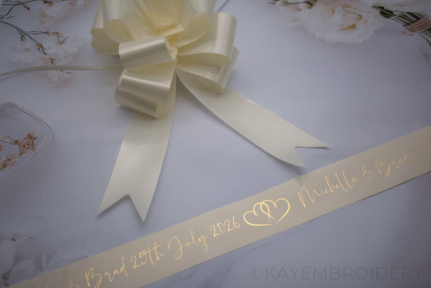 Personalised 6m Wedding or Prom Car Ribbon foil printed, choose your design, optional Pullbows