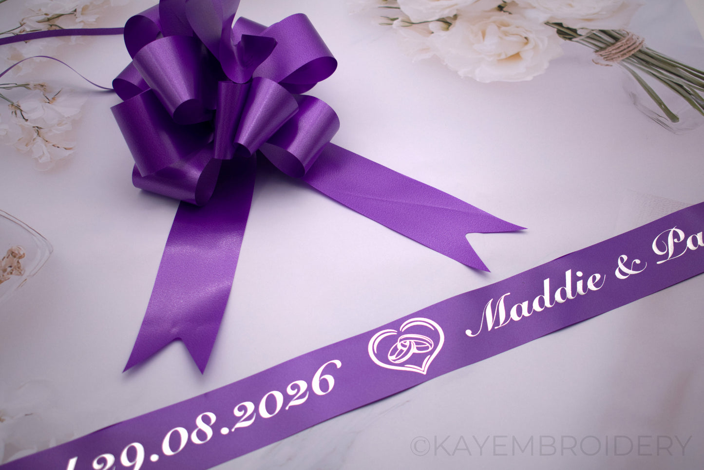 Personalised 6m Wedding or Prom Car Ribbon foil printed, choose your design, optional Pullbows