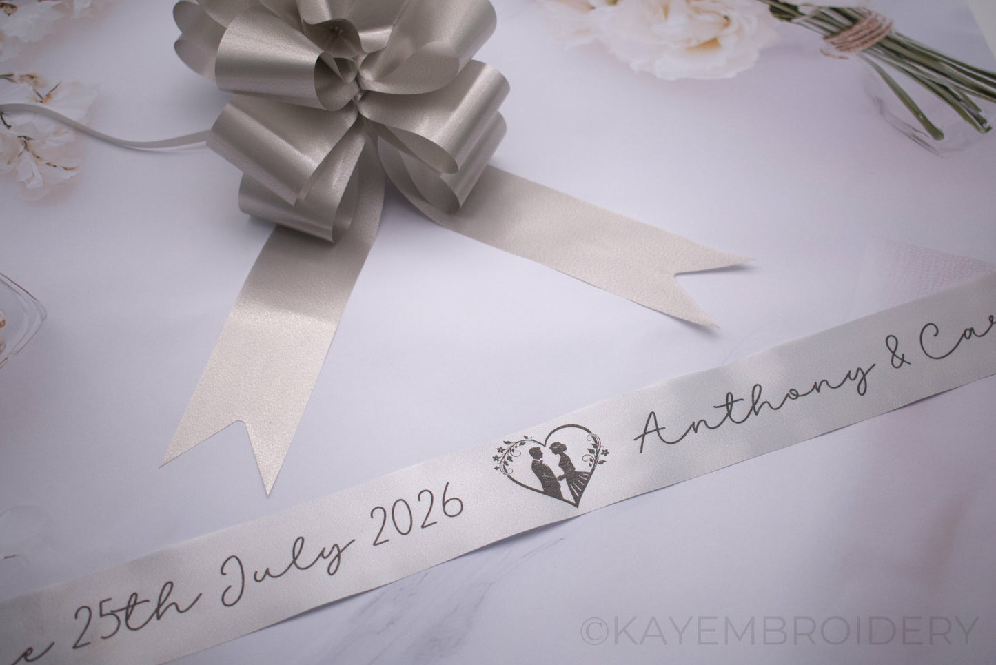 Personalised 6m Wedding or Prom Car Ribbon foil printed, choose your design, optional Pullbows