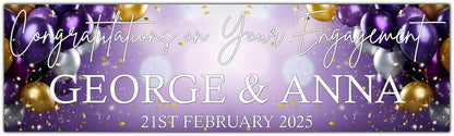 Engagement Banner in purple and gold with white text, personalised with names and date