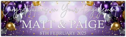 Engagement Banner in purple and gold with white text, personalised with names and date