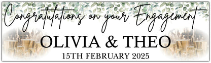 Engagement Banner with Eucalyptus and Champagne. Personalised with names and Date