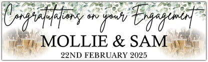 Engagement Banner with Eucalyptus and Champagne. Personalised with names and Date