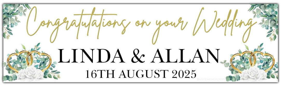 Wedding Banner with Gold Hearts, White Roses and Greenery, personalised with congratulations, Names and Date