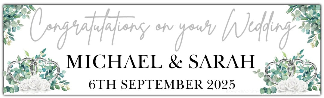Wedding Banner with Gold Hearts, White Roses and Greenery, personalised with congratulations, Names and Date