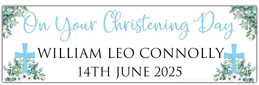Christening or Baptism Banner with Cross, white flowers and eucalyptus greenery personalised with name and date in Blue