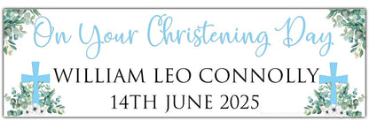 Christening or Baptism Banner with Cross, white flowers and eucalyptus greenery personalised with name and date in Blue