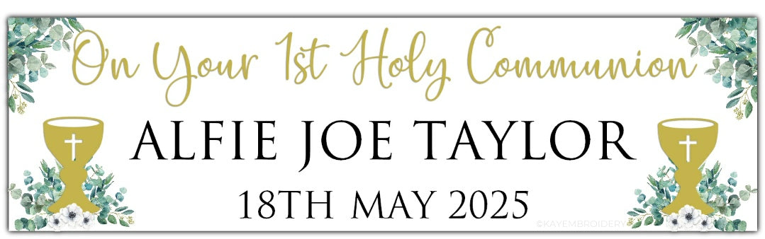 First Holy Communion Banner with Chalice in Gold and greenery theme personalised with On your 1st Holy Communion, Name and Date