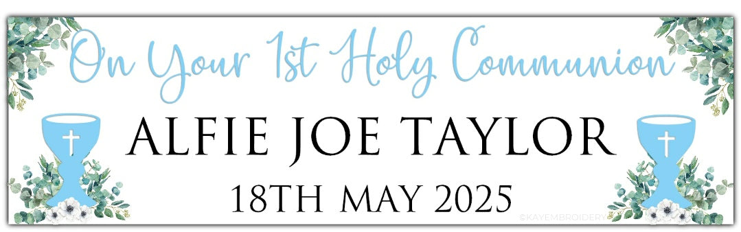 First Holy Communion Banner with Chalice in Blue and greenery theme personalised with On your 1st Holy Communion, Name and Date