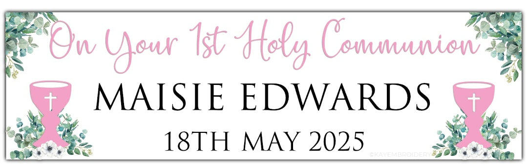 First Holy Communion Banner with Chalice in Pink and greenery theme personalised with On your 1st Holy Communion, Name and Date
