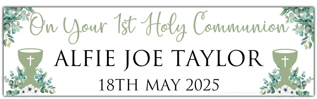 First Holy Communion Banner with Chalice in Sage Green and greenery theme personalised with On your 1st Holy Communion, Name and Date