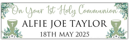 First Holy Communion Banner with Chalice in Sage Green and greenery theme personalised with On your 1st Holy Communion, Name and Date