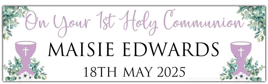 First Holy Communion Banner with Chalice in Lilac and greenery theme personalised with On your 1st Holy Communion, Name and Date