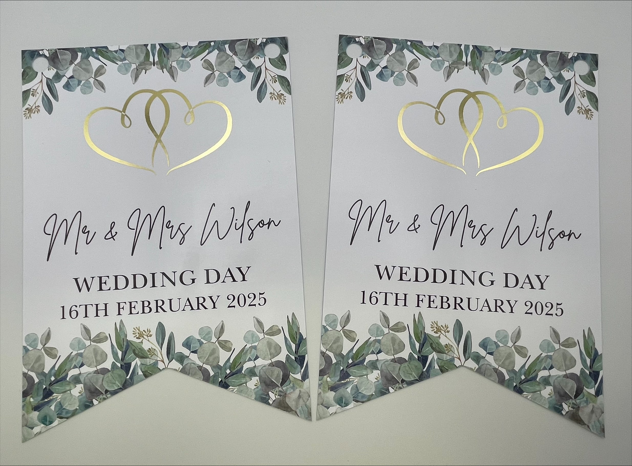 wedding bunting with eucalyptus, gold foil hearts and personalised with mr & mrs Surname, wedding day and Date. Made from 300gsm single sided gloss cardstock