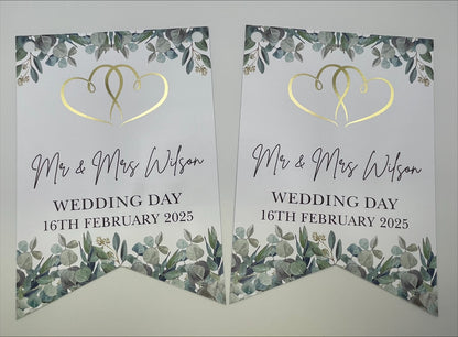 wedding bunting with eucalyptus, gold foil hearts and personalised with mr & mrs Surname, wedding day and Date. Made from 300gsm single sided gloss cardstock