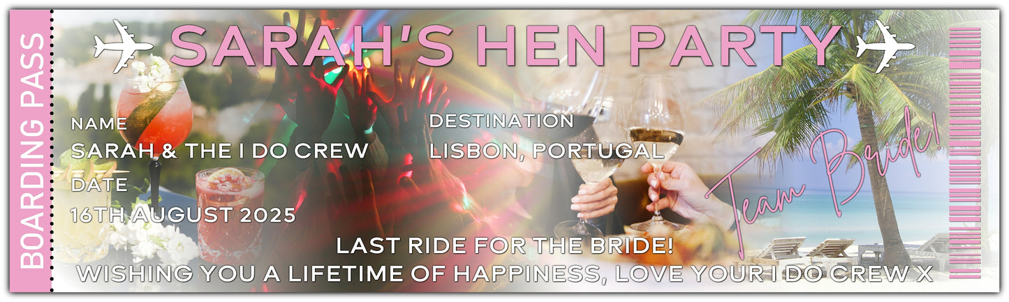 Hen party Boarding pass style Banner personalised with name, Date, place and message of your choice