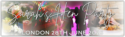 Hen party banner with cocktails and party theme. Personalised with Name, hen party, Place and date