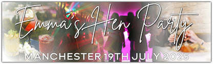 Hen party banner with cocktails and party theme. Personalised with Name, hen party place and date
