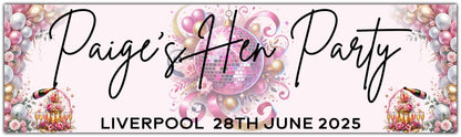 Hen party banner with pink white and gold personalised with name, place and date