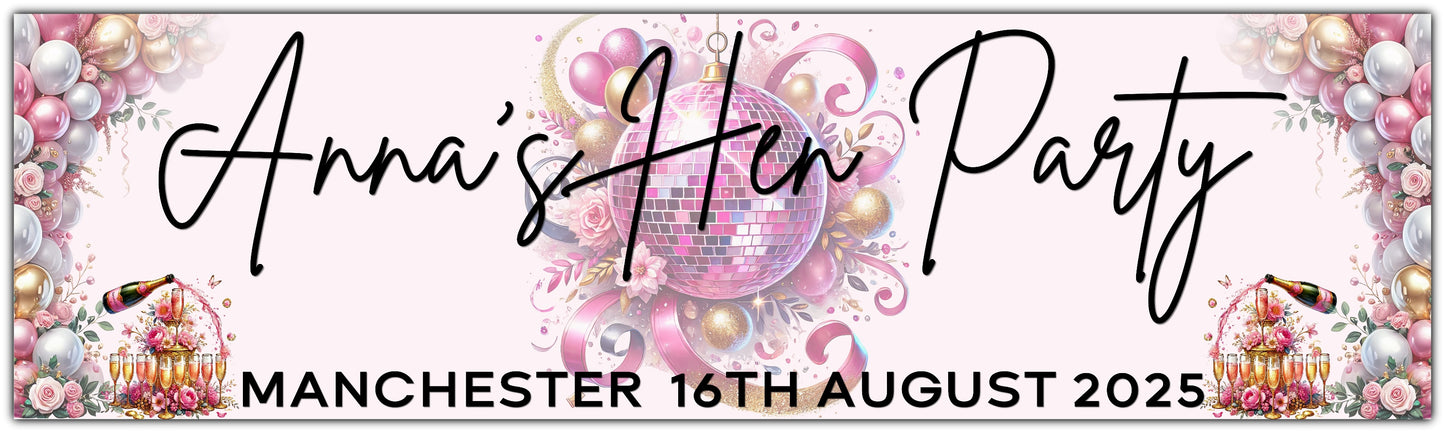 Hen party banner with pink white and gold personalised with name, place and date