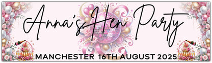 Hen party banner with pink white and gold personalised with name, place and date