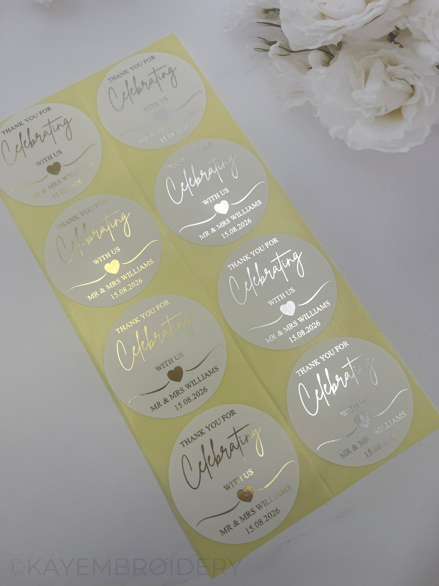 Wedding Thank you white Stickers foiled in gold or silver personalised with names and date