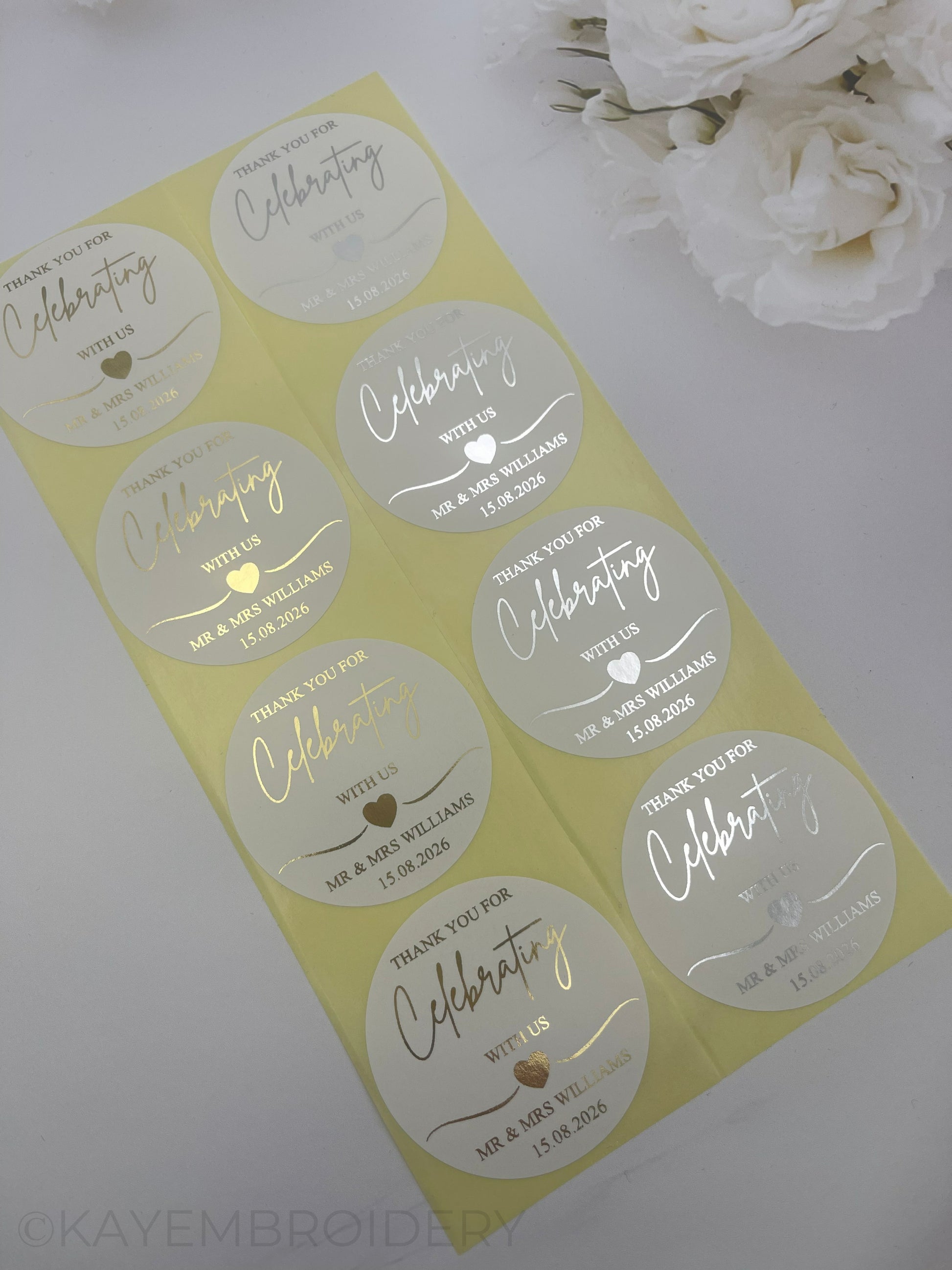 Wedding Thank you white Stickers foiled in gold or silver personalised with names and date