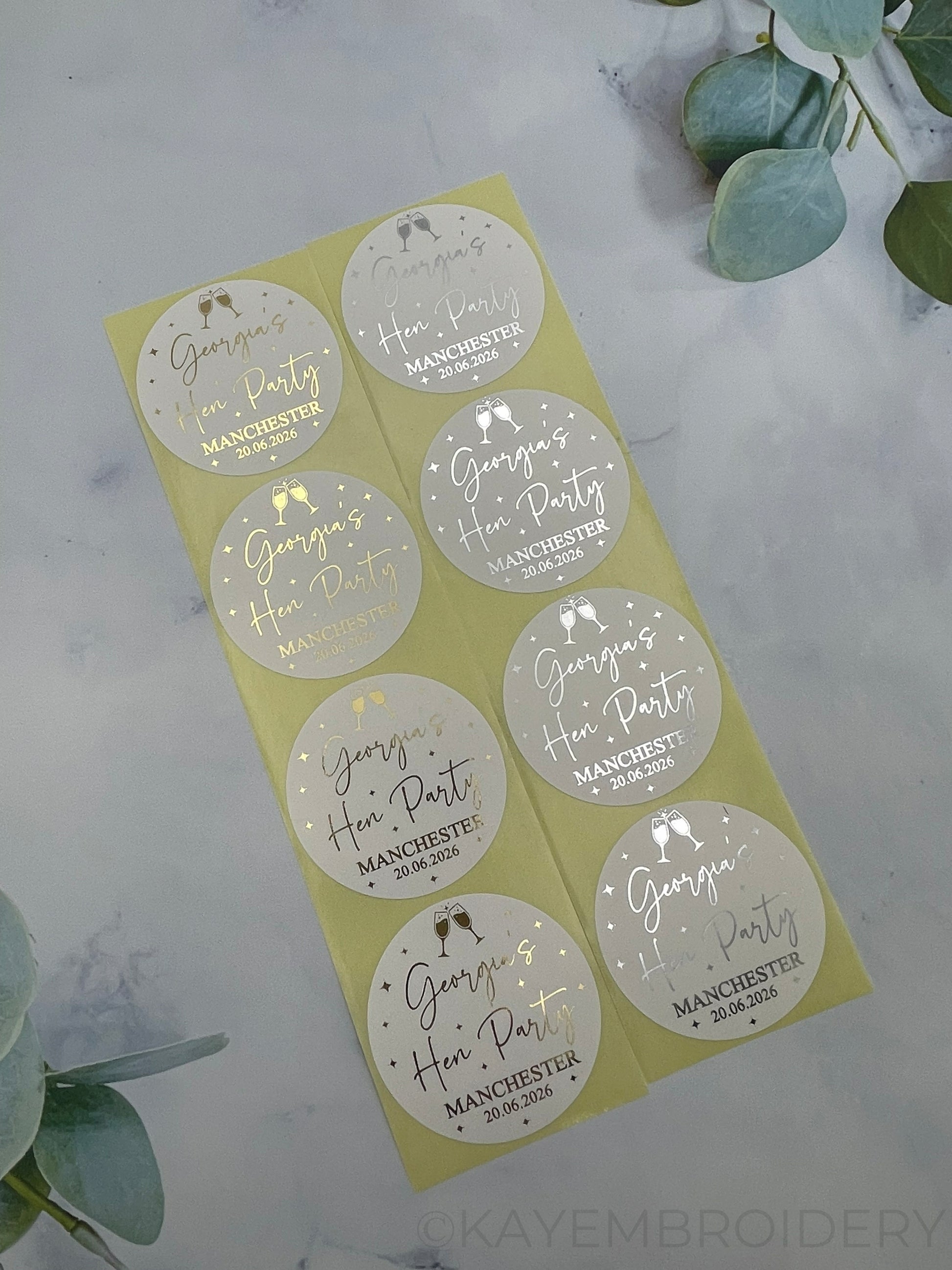 Hen party Gold or silver Foiled White Stickers personalised with name and date