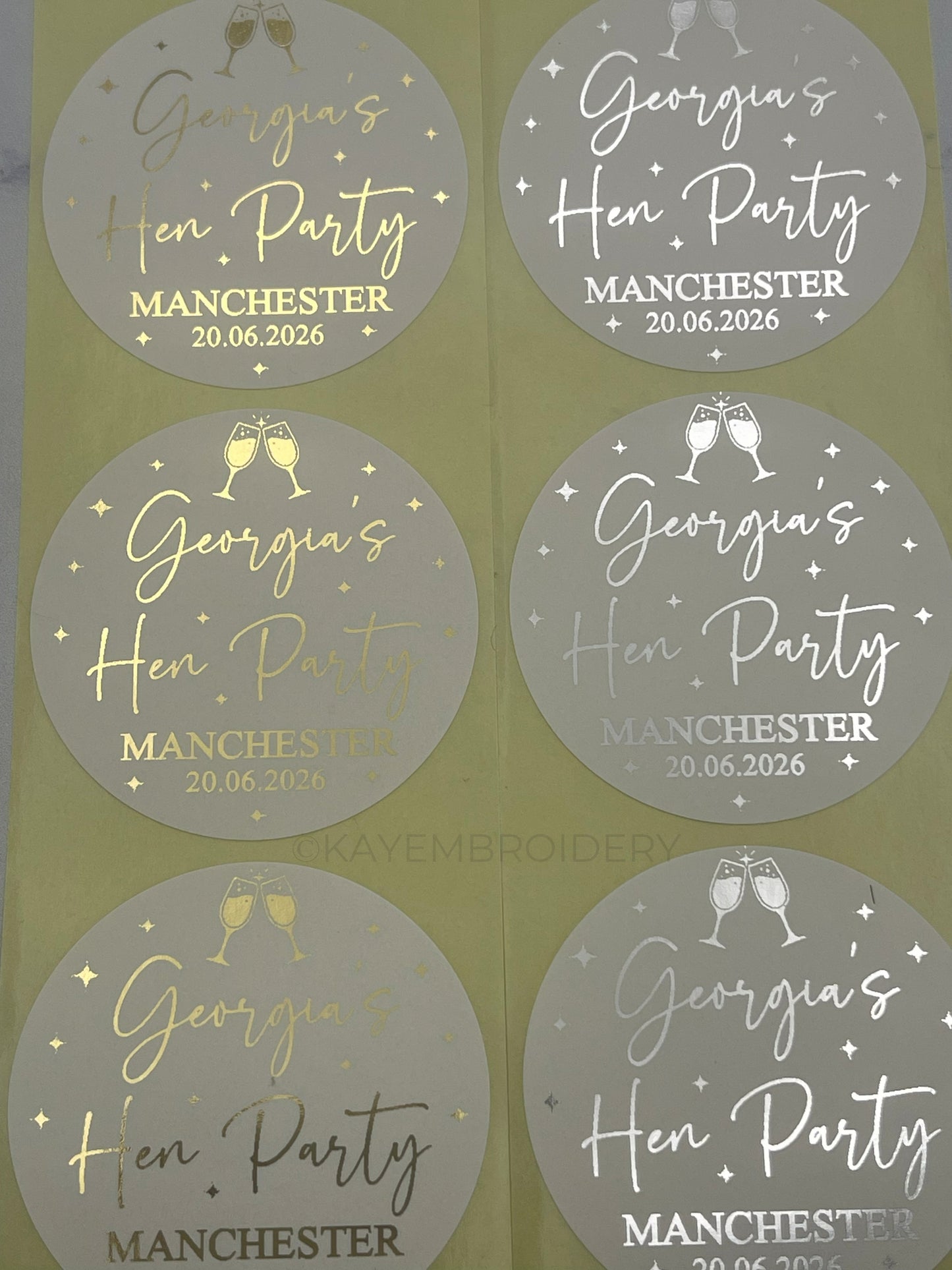 Hen party Gold or silver Foiled White Stickers personalised with name and date