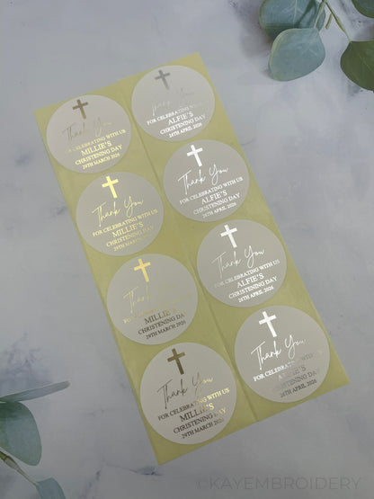 Christening or Baptism with Cross White thank you Stickers foiled in gold or silver, personalised with name and date