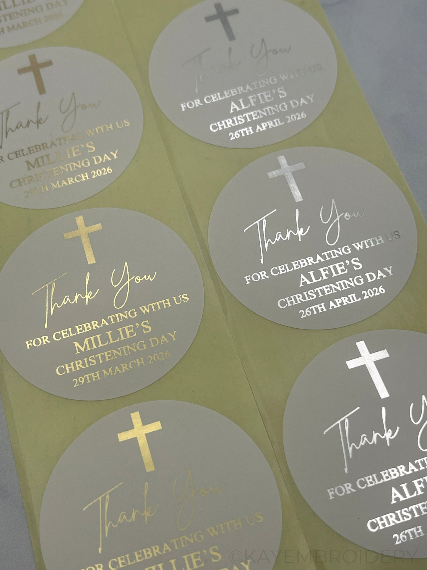 Christening or Baptism with Cross White thank you Stickers foiled in gold or silver, personalised with name and date