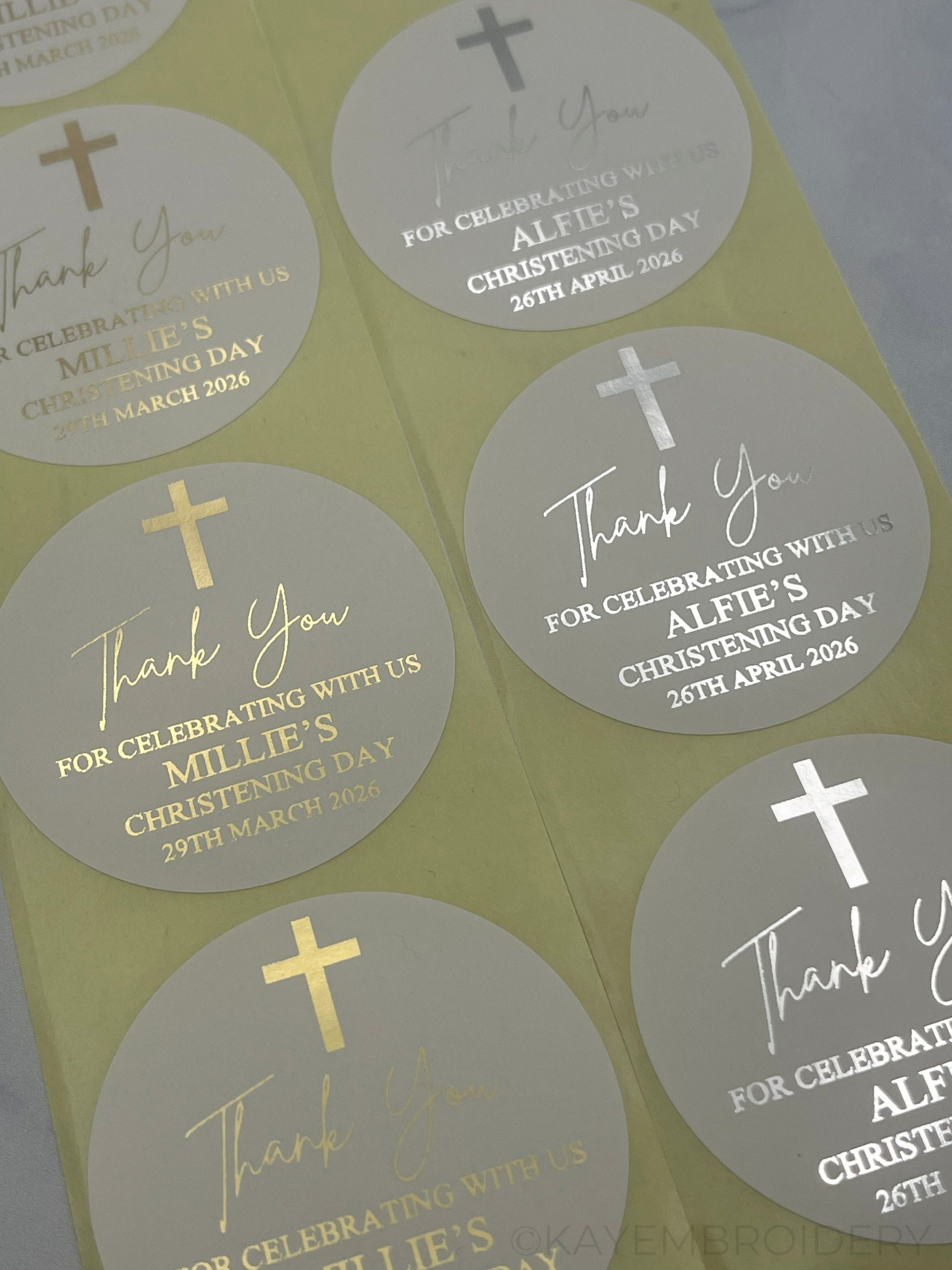 Christening or Baptism with Cross White thank you Stickers foiled in gold or silver, personalised with name and date