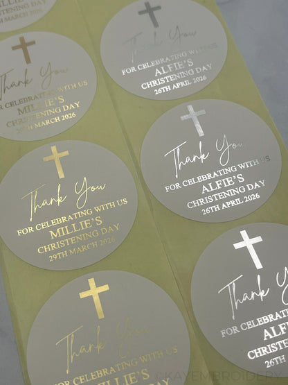 Christening or Baptism with Cross White thank you Stickers foiled in gold or silver, personalised with name and date