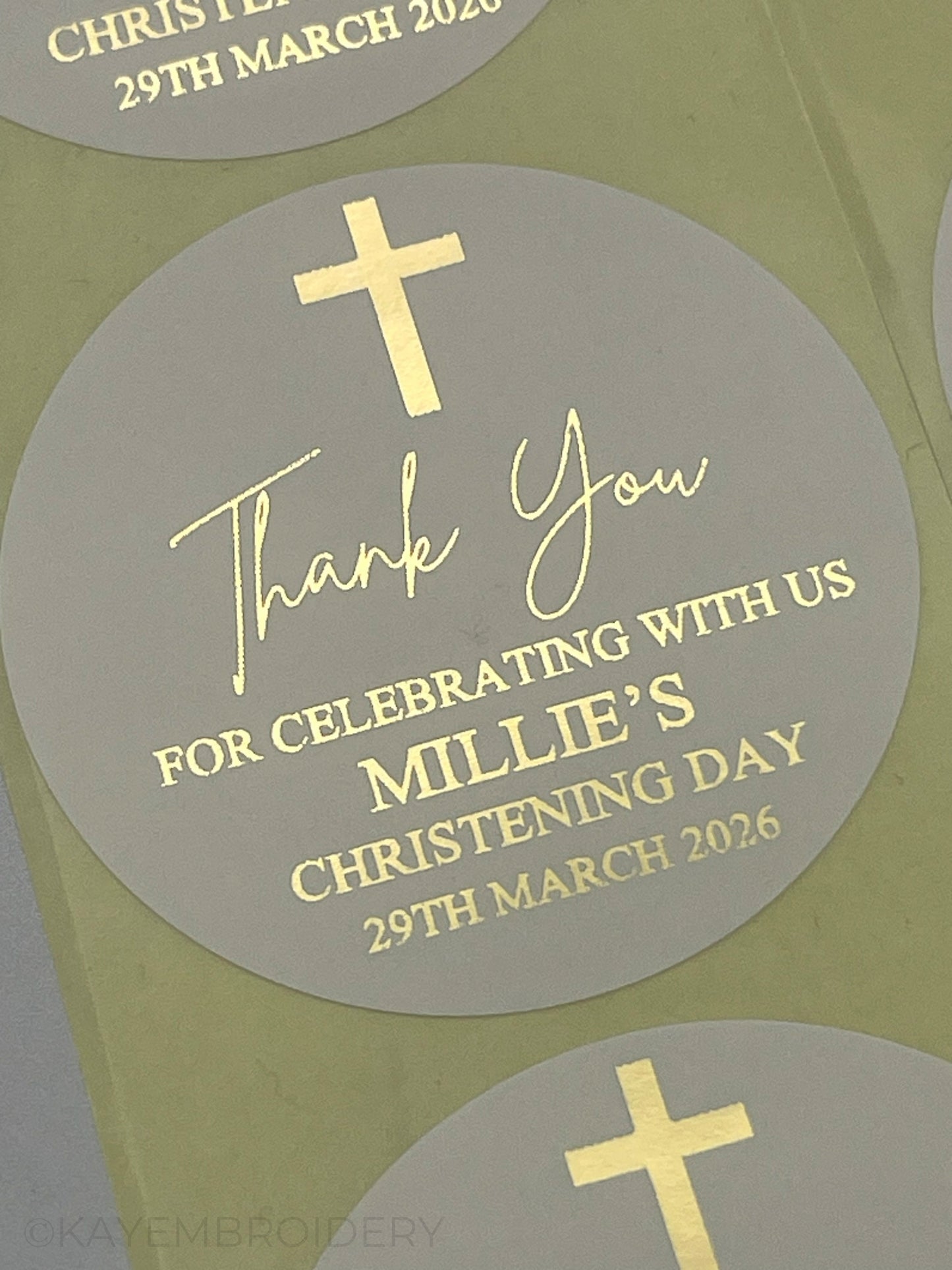 Close up of Christening or Baptism with Cross White thank you Stickers foiled in gold, personalised with name and date