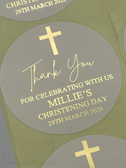 Close up of Christening or Baptism with Cross White thank you Stickers foiled in gold, personalised with name and date