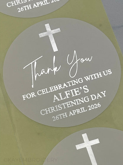 Close up of Christening or Baptism with Cross White thank you Stickers foiled in silver, personalised with name and date