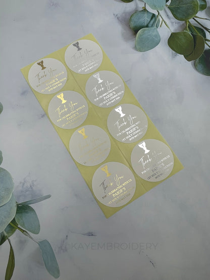 1st Holy Communion with Chalice White thank you Stickers foiled in gold or silver, personalised with name and date