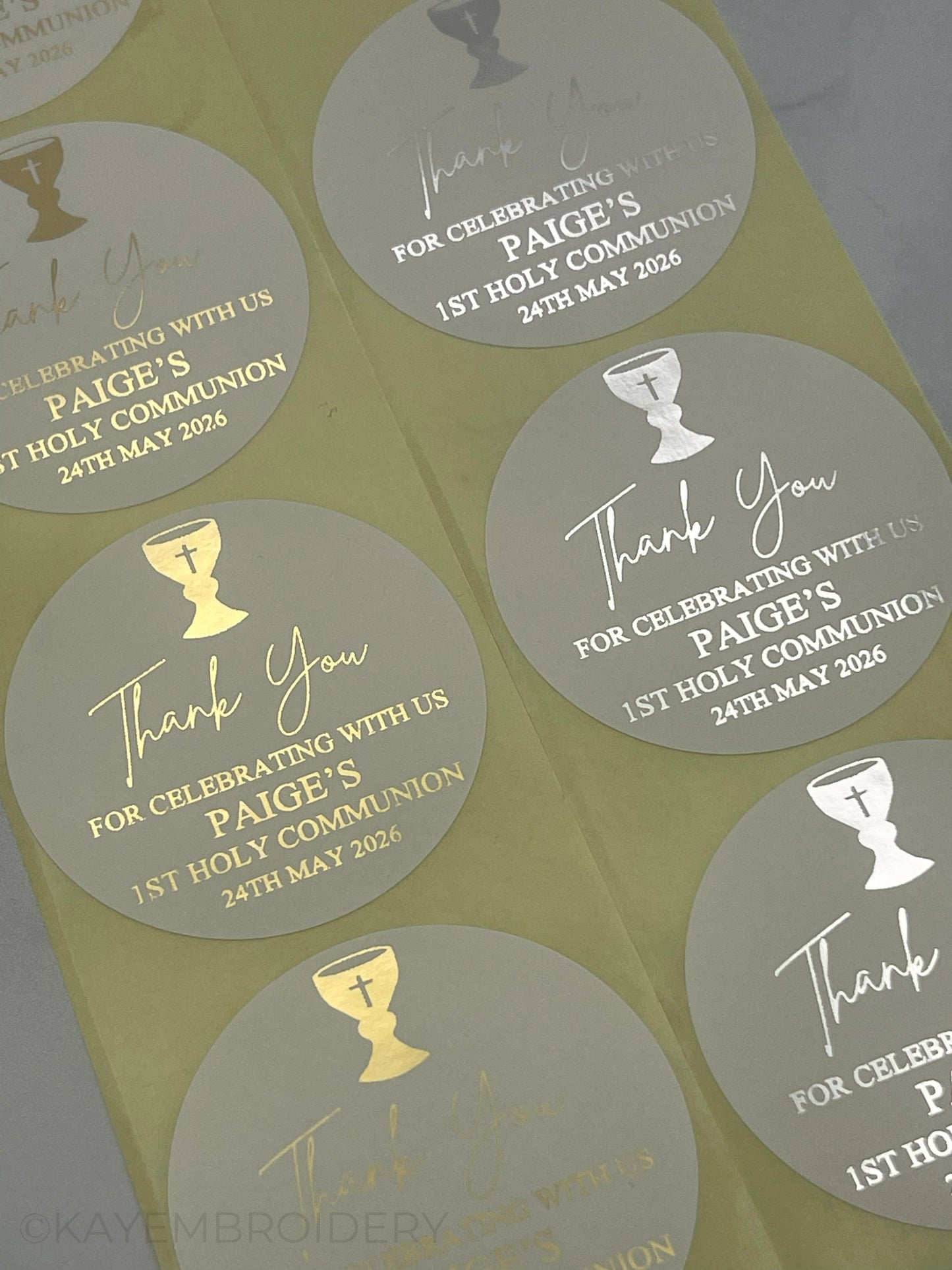 Close up of 1st Holy Communion with Chalice White thank you Stickers foiled in gold or silver, personalised with name and date