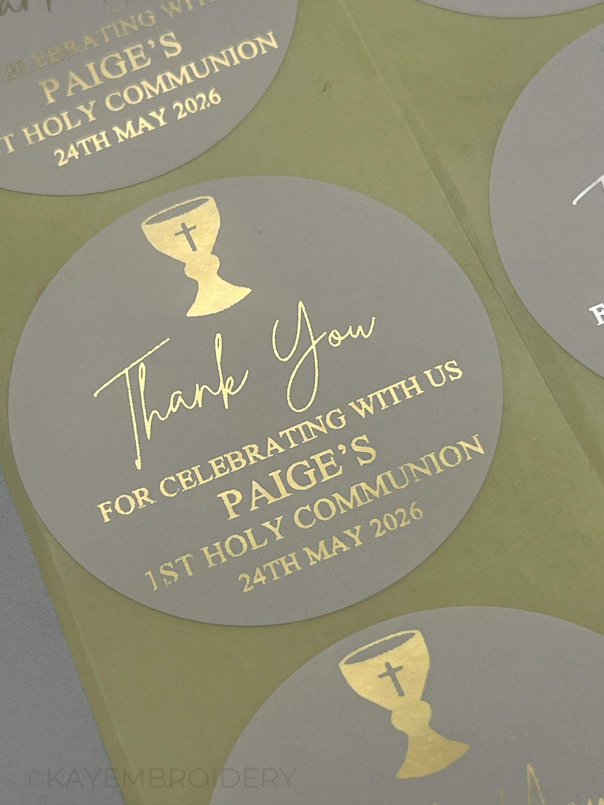 Close up of 1st Holy Communion with Chalice White thank you Stickers foiled in gold, personalised with name and date