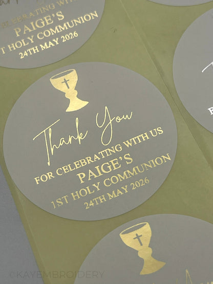 Close up of 1st Holy Communion with Chalice White thank you Stickers foiled in gold, personalised with name and date