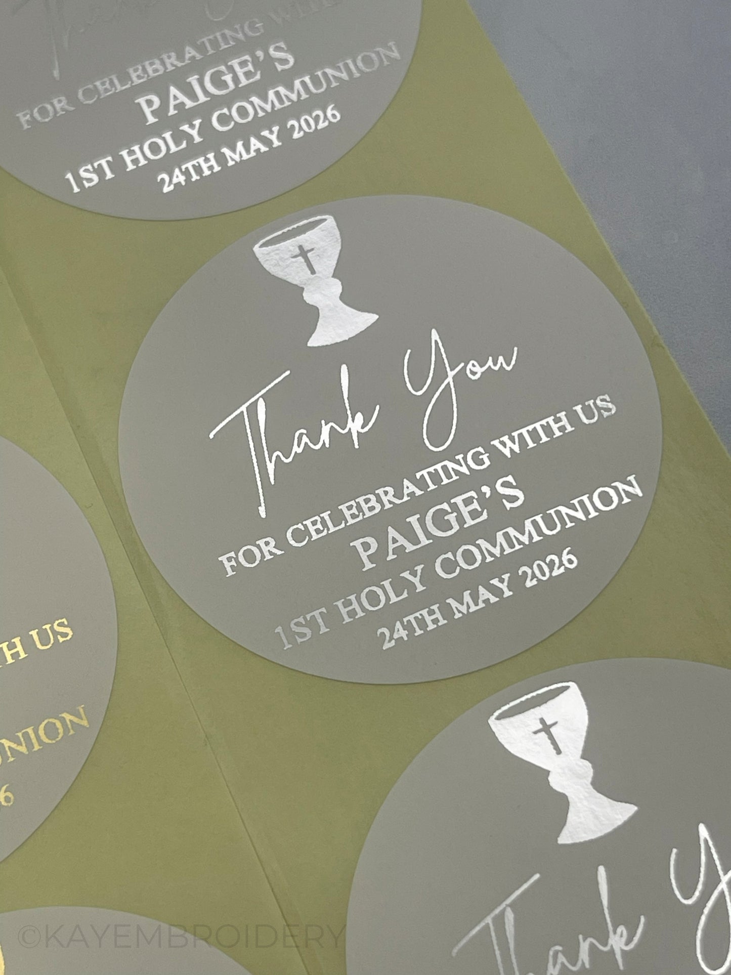 Close up of 1st Holy Communion with Chalice White thank you Stickers foiled in silver, personalised with name and date